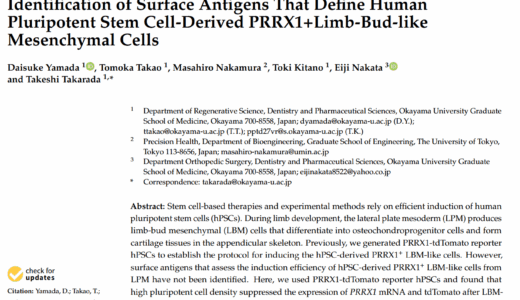 論文（Yamada et al, IJMS, 2022）が受理されました！ヒトiPS細胞由来PRRX1陽性肢芽様間葉系細胞を特徴づける表面抗原の同定 ― 高品質な軟骨誘導のための指標確立