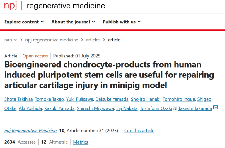 論文(Takihira et al, npj Reg Med, 2025)が掲載されました!iPS細胞由来の人工軟骨で関節軟骨損傷を修復 ― ミニブタモデルでの成功